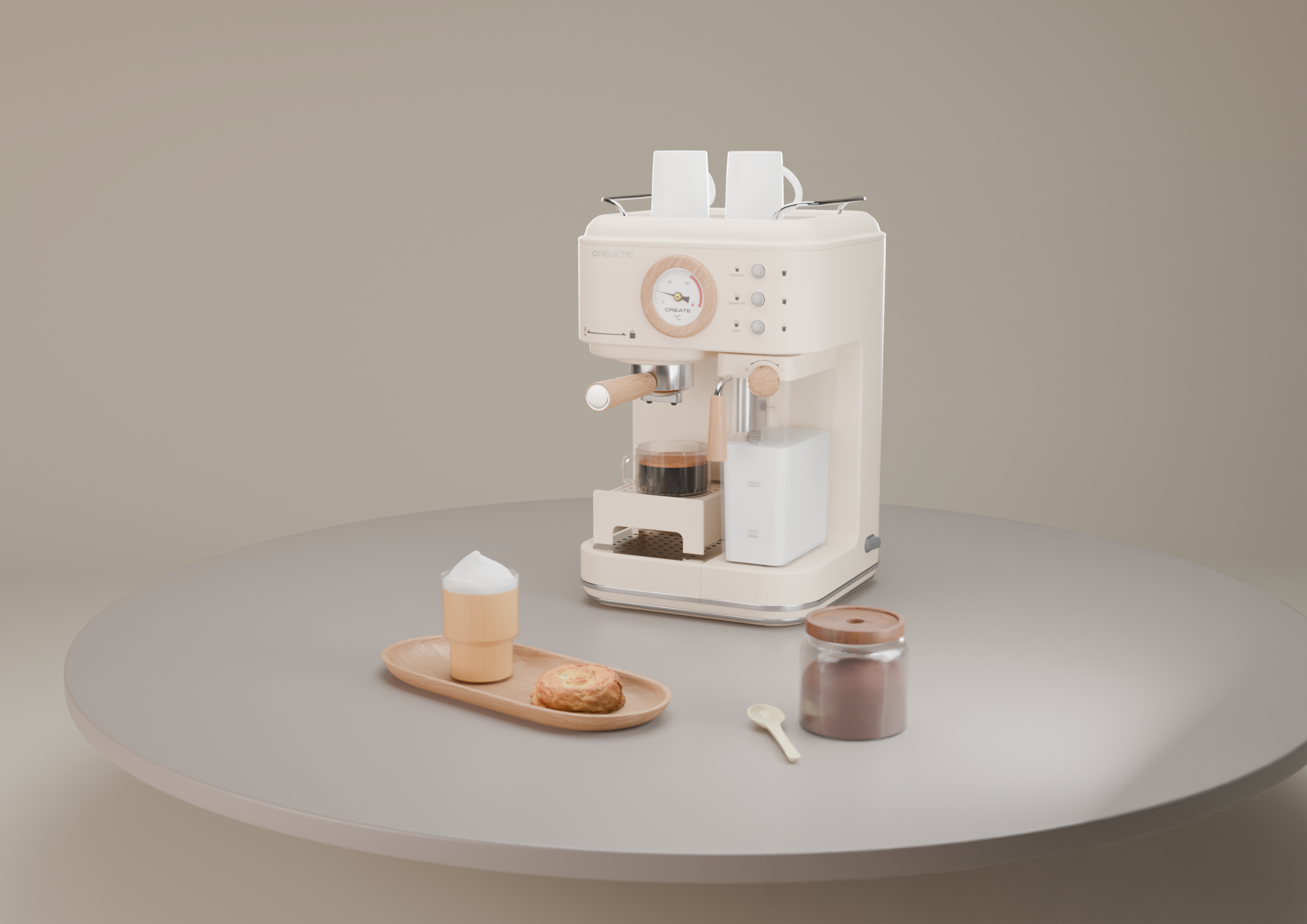 cafetera-create Modelo de la cafgetera TheraRetro de CREATE, con unos cafés y un bollo.