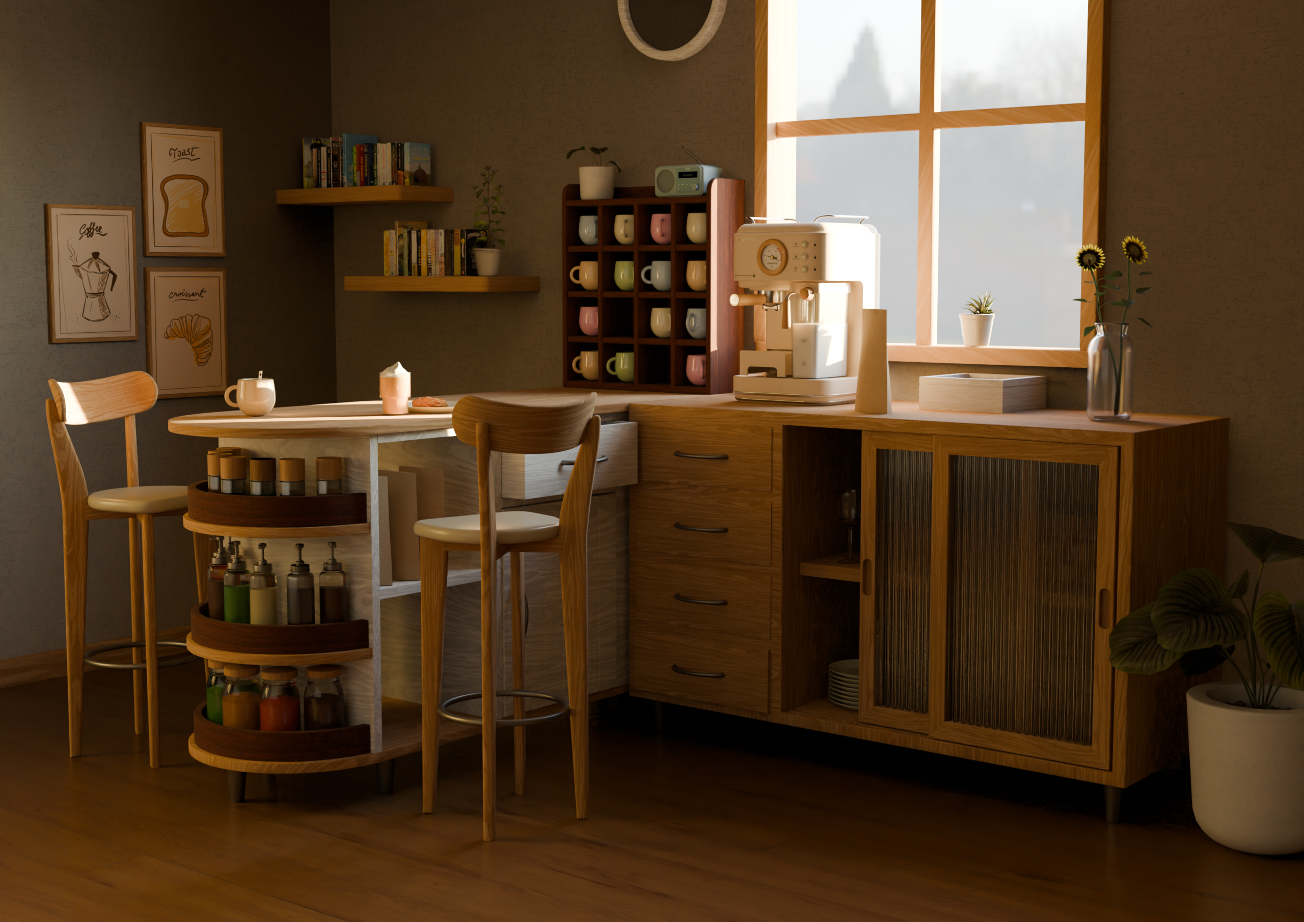 Cocina equipada con muebles de madera y la cafetera create.